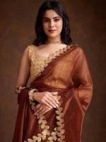 Shiny Brown Gold Infused Twill Saree